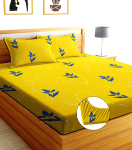 BLUEDOT Cotton Double Fitted (Elastic) 254 TC Printed 1 Bedsheet with 2 Pillow Covers