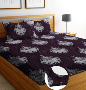 STEDO Cotton Double, King Fitted (Elastic) 250 TC Floral 1 Bedsheet with 2 Pillow Covers