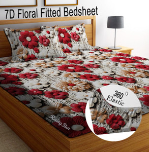 RisingStar Cotton Double Fitted (Elastic) 400 TC Floral 1 Bedsheet with 2 Pillow Covers