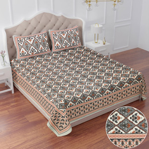 BharatLinen 260 TC Cotton King Jaipuri Prints Flat Bedsheet