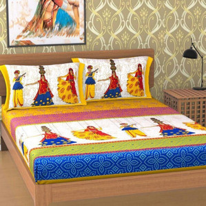 CLOTHOLOGY Cotton Double Flat 144 TC Jaipuri Prints Bedsheet