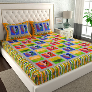 CLOTHOLOGY Cotton Double Flat 144 TC Jaipuri Prints Bedsheet