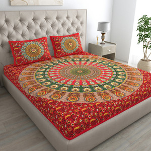 HOMEQUIPO Cotton Double Flat 144 TC Jaipuri Prints Bedsheet
