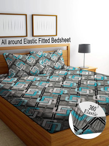 RisingStar Cotton Double Fitted (Elastic) 250 TC Striped 1 Bedsheet with 2 Pillow Covers