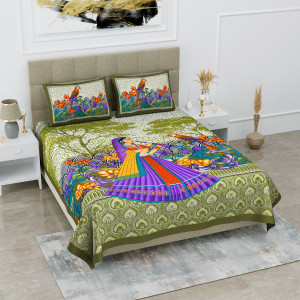 Poorak 104 TC Cotton Double Jaipuri Prints Flat Bedsheet