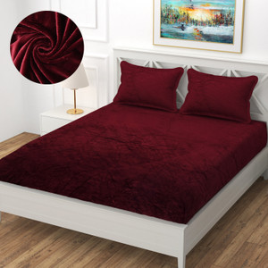 real dream Velvet Double Fitted (Elastic) 310 TC Solid 1 Winter Bedsheet with 2 Pillow Covers