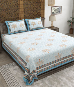 CLOTHOLOGY Cotton King Flat 240 TC Jaipuri Prints 1 Bedsheet with 2 Pillow Covers