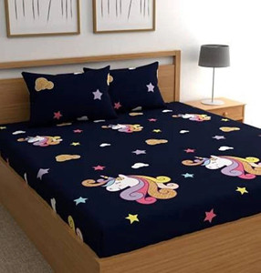 HOMETIC Cotton Double Fitted (Elastic) 360 TC Cartoon Bedsheet