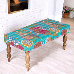 Ikiriya Bestone Solid Wood Bench in Floral Print Green Kantha upholstery for Living Room| Bedroom| Dining Bench| 36x18x16 Inch Solid Wood 2 Seater