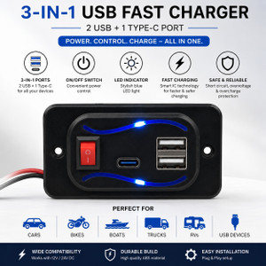 YASH AUTO ELECTRICALS 3-in-1 Fast USB Charger With Dual USB & Type-C 12V/24V for Car, Bike and scooty 5 A Bike Mobile Charger