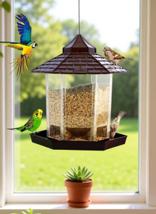 Garden's Need Hut Shape Bird Feeder with 360° Perch, Transparent Grain Holder & 1-Mtr SS Wire Window Bird Feeder Bird Feeder