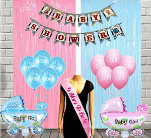 SOI Baby Shower Decorations Kit Banner, Sash, Curtains, Cart Shape foil Balloons and Printed Balloons for Baby Shower Mom to Be Welcome Baby Decoration Materials Products Items Supplies