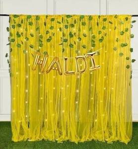 PARTY MIDLINKERZ YELLOW NET BACKDROP HALDI DECORATION KIT With Artificial Leaves and Led Light
