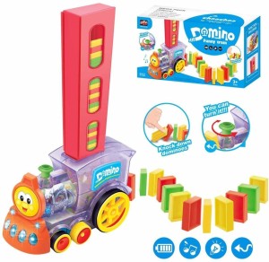 ARONET Domino Funny Train Choco Filling Dominos in The Rails - Battery Operated with Lights and Sounds Construction and Stacking Toy for Kids with 60 Multicolor Plastic Domino Tiles