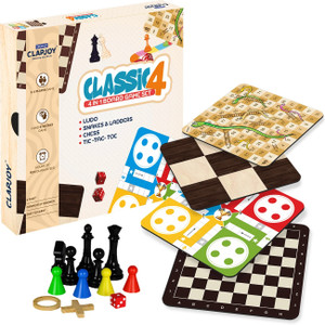 Clapjoy Wooden 4in1 for Kids & Adults|Ludo & Chess|Snake Ladder & Tic Tac Toe Party & Fun Board Game