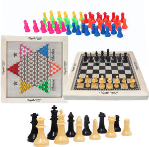 HK Sport & Toys Wooden Chinese Checker and Chess Board with Plastic Tokens & Chessmen Party & Fun Board Game