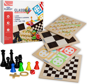 क्लैपजॉय Wooden 4in1 for Kids & Adults|Ludo & Chess|Snake Ladder & Tic Tac Toe बोर्ड गेम