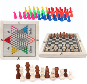 Koel 2 in 1 Wooden Chinese Checker and Chess Board with Plastic Tokens & Chessmen Party & Fun Board Game