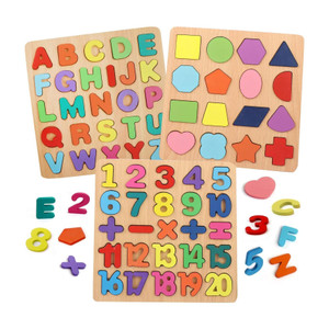 TOOBIL Kids Colorful Wooden Puzzle Set Featuring 3D Capital Alphabets, Numbers, Shapes
