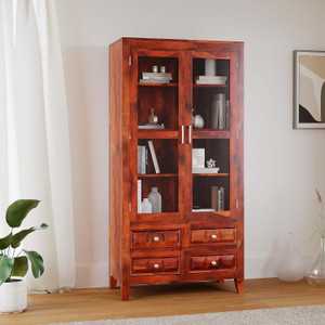 WOODSTAGE Solid Wood Cabinet With 2 Glass Door & 4 Drawers Storage For Living Room Home Solid Wood Close Book Shelf