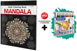 Mandala - Adult Colouring Book with 12 Colour Pencils + 1 Sharpner : Coloring Book for Adults, Calming Coloring Pages, Relaxing Art Coloring Book, Art Colouring kit for adults