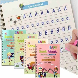 Magic practice book, Magic Book for Kids, Calligraphy Books for Kids, Practice Copybook for Kids English Reusable Magical Copybook Kids Tracing Book, Multicolor  - Magic Calligraphy Books For Kids (4 Books 2 Pen 2 Hand Grip 10 Refill) Self Deleting Reusable Number Tracing Alphabets writing for Kids age 3+