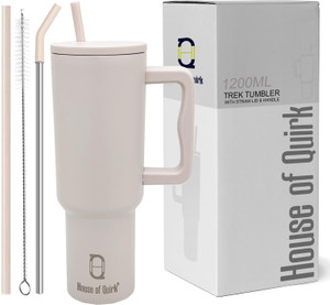 HOUSE OF QUIRK 1200ML Stainless Steel Tumbler Hot and Cold with Handle and Lid 2 Straw Oatmeal 1200 ml