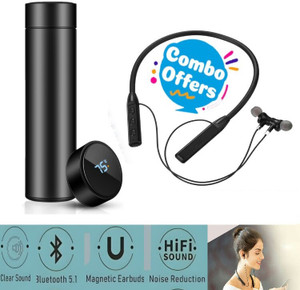 Red-sunset Combo Offer Magnetic Neckband Bluetooth Temperature Indicator Stainless Steel 500 ml Bottle