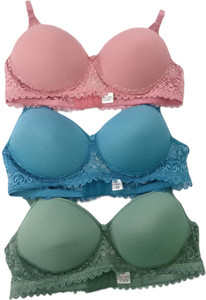 Four Plus Fashion Women's Cotton Padded Laces Full Coverage Bra with Adjustable Straps Pack of 3 Women Balconette Lightly Padded Bra