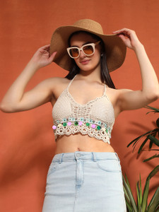 FemFuse Women's Crochet Halter Bralette Embellished Boho Crop Top Women Bralette Lightly Padded Bra