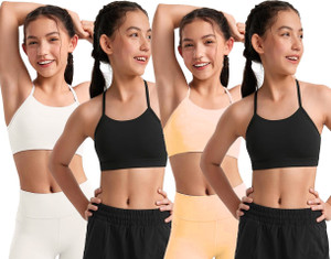 BRAAFEE Pack of 4 Girls Non Padded Thin Strap Bra for Girls Non-Wired Gym Workout Girls Training/Beginners Non Padded Bra