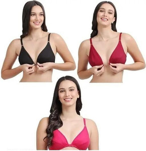 Giftsland Front Open Non Padded Bra Combo Pack of 3 Black Maroon Pink Cotton Trendy Bra Women Everyday Non Padded Bra