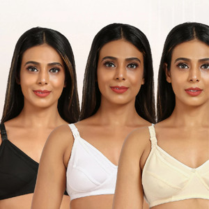 MYLO Maternity/Nursing Bras Non-Wired, Non-Padded - Pack of 3 with free Bra Extender (Classic Black, Classic White, Magnolia Cream) 42 B Women Maternity/Nursing Non Padded Bra