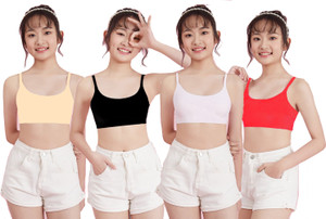 BRAAFEE Pack of 4 Girls Non Padded Thin Strap Bra for Girls Non-Wired Gym Workout Girls Training/Beginners Non Padded Bra
