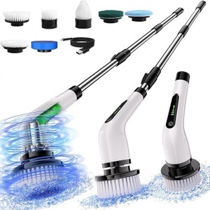 LUFJIKA 9-in-1 Spin Scrubber with 7 Brush Heads Rechargeable High Powered Cleaning Tool Microfibre, Sponge, Plastic Wet and Dry Brush