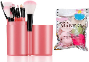 SKINPLUS 12 Pcs Pink Face & Eye Makeup Brush Set With Box + 6in1 Makeup Sponge Puff Pack