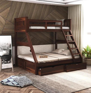 WOODSTAGE Sheesham Wood Bunk Bed- Drawer Storage Twin Over Bed with Ladder-Walnut Finish Solid Wood Bunk Bed