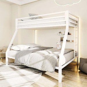 IRONIC HOUSE Metal Twin Over Full Size Beds With Sturdy Guard Rail Matte White Metal Bunk Bed