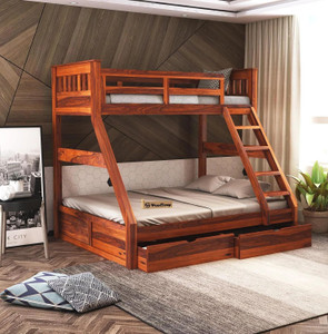 WOODSTAGE Sheesham Wood Bunk Bed-Drawer Storage Twin Over Bed with Ladder-Honey Finish Solid Wood Bunk Bed
