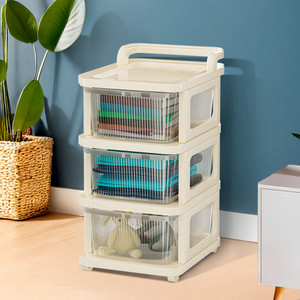 KUBER INDUSTRIES 3 Layer Plastic Modular Storage Drawer Organizer with Wheels | Transparent Ivory Plastic Free Standing Chest of Drawers