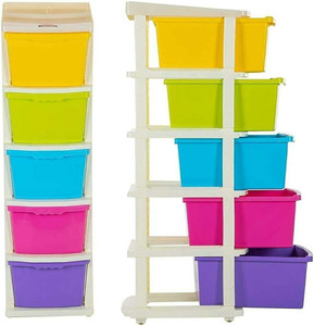 BAPUJI ENTERPRISE 5 Layer Plastic Modular Basket Drawer Chest Storage Rack System Large Stomo Multi Purpose chest of Trolley Foldable drawers Anti-Slip Shoes organizers Box (Multicolour, 5 layer drawer) Plastic Free Standing Chest of Drawers