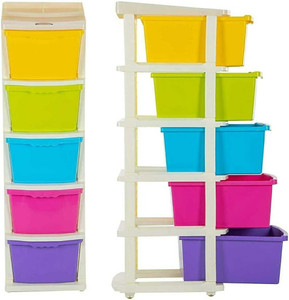 BAPUJI ENTERPRISE 5 Layer Plastic Modular Basket Drawer Chest Storage Rack System Large Stomo Multi Purpose chest of Trolley Foldable drawers Anti-Slip Shoes organizers Box (Multicolour, 5 layer drawer) Plastic Free Standing Chest of Drawers