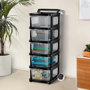 HOMESTIC 5 Layer Plastic Modular Storage Drawer Organizer with Wheels | Transparent Black Plastic Free Standing Chest of Drawers