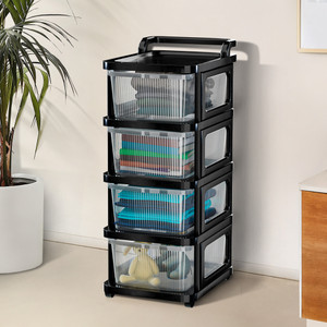 KUBER INDUSTRIES 4 Layer Plastic Modular Storage Drawer Organizer with Wheels | Transparent Black Plastic Free Standing Chest of Drawers