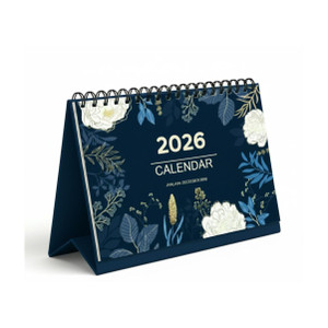 ThinkCrafts Blue Floral Design, Paper, 8.5x6.5 Inches Desk Size, with Holiday Section 2026 Table Calendar