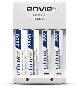 Envie High Speed Wall Plug Charger ECR 20 for AA & AAA Ni-mh/Ni-cd Rechargeable Batteries | 2000MA Output Current | with 2 xAA2800 & 2xAAA800 Rechargeable Batteries (ECR20 2800 800 2PL)  Camera Battery Charger