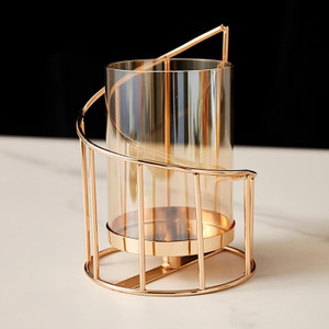 INSTORE GOLD PILLAR FLOWER VASE WITH REMOVABLE GLASS CUM TEA CANDLE TEA LIGHT HOLDER Iron, Glass 1 - Cup Tealight Holder