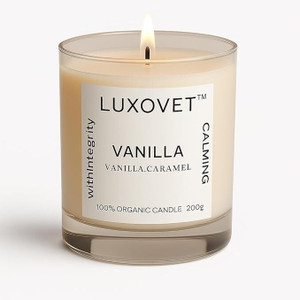 Luxovet Vanilla Scented Candle with wooden wick | 100% Organic Soy Wax | 200g Candle