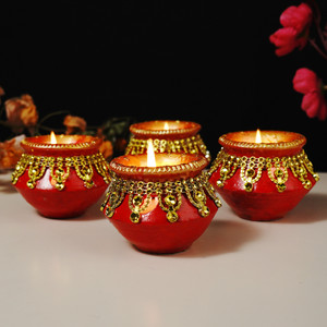 Manogyam Set of 4 Handmade Traditional Earthen Clay Mitti Diya for Pooja Matki Shape Wax Filled Diya Candle for Diwali Decoration & Gift - Multi Purpose Candle
