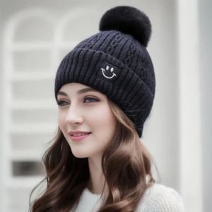 Winity Cute woolen warm ( soft warm fur inside pom-pom on top ) winter caps for women Woven Beanie